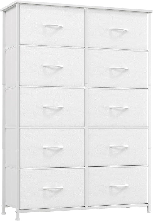 White Tall 10 Drawer Fabric Dresser Storage Unit Wardrobe Bedroom Cabinet