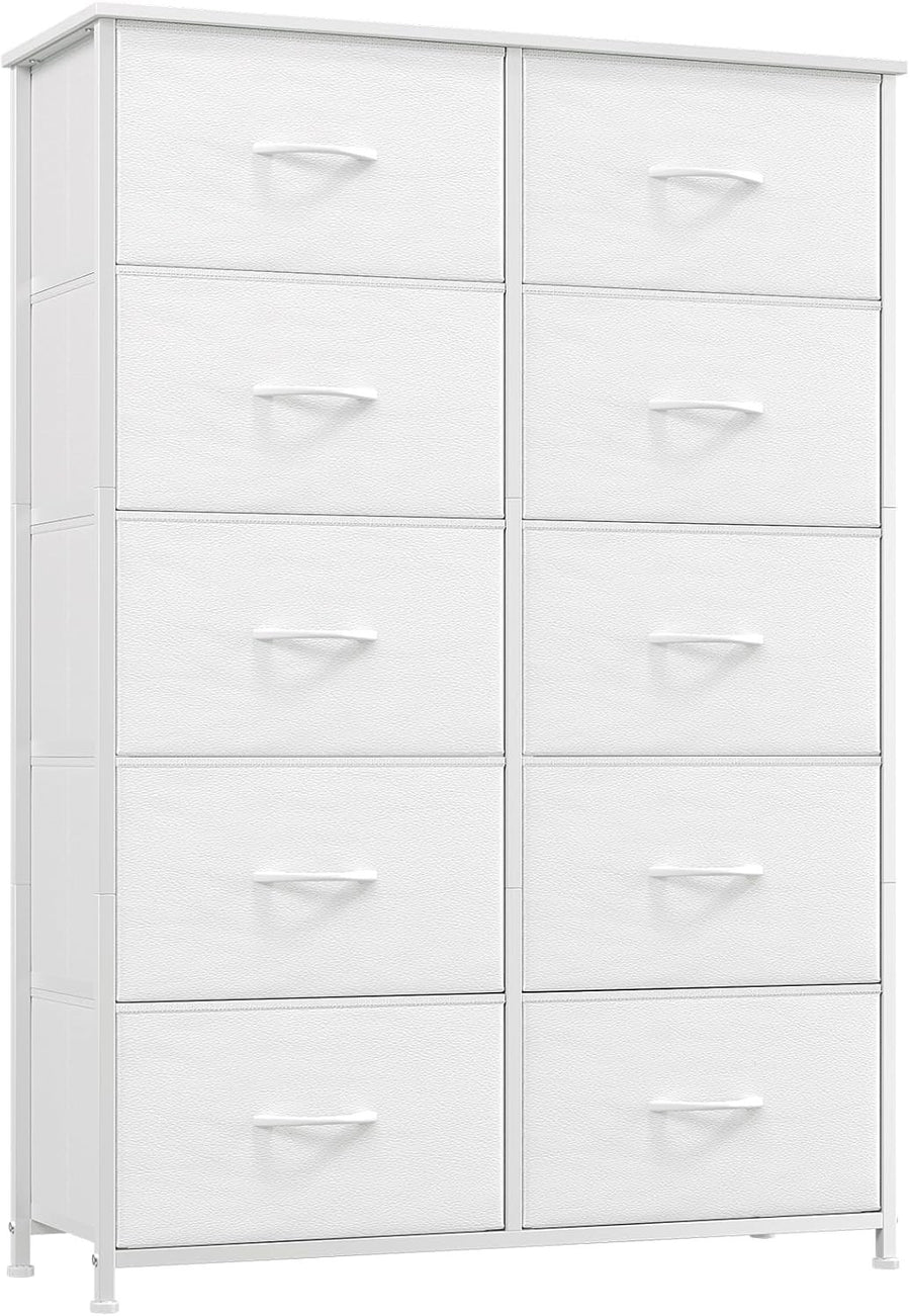 White Tall 10 Drawer Fabric Dresser Storage Unit Wardrobe Bedroom Cabinet