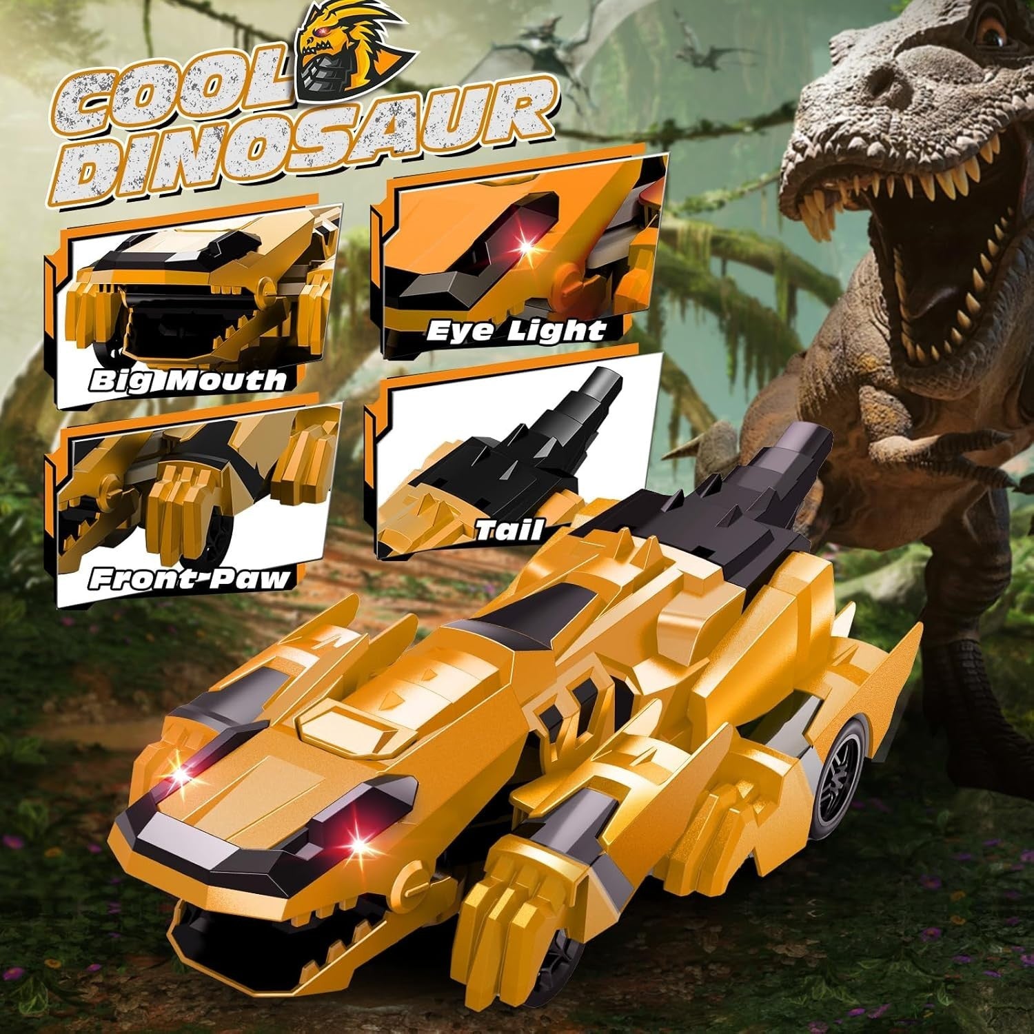 Yellow Transforming Dinosaur RC Car Robot 360° Spin LED Remote Kids Toy