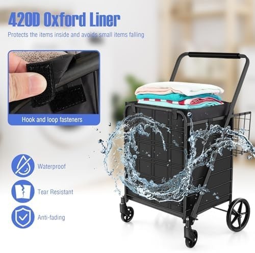 126L Foldable Shopping Trolley Cart – Heavy-Duty Metal, Waterproof, Black