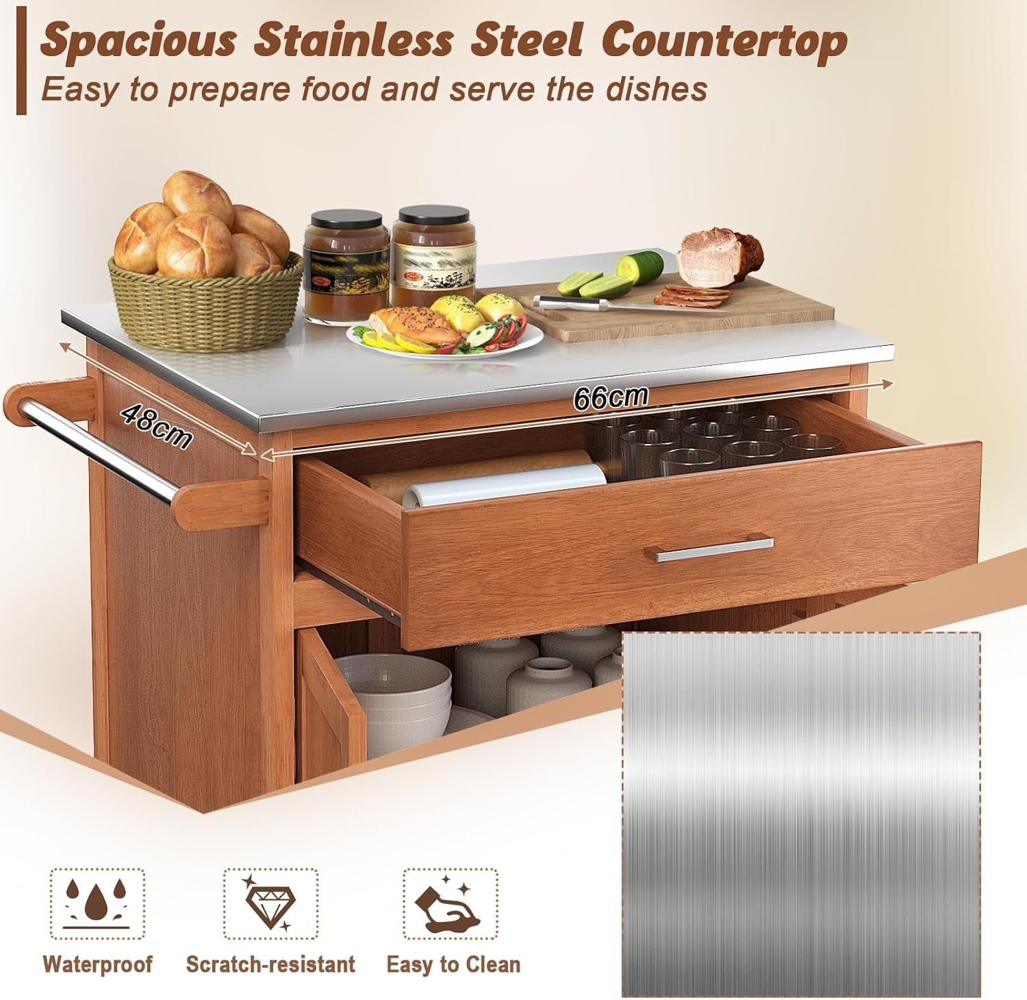 Kitchen Storage Trolley with Stainless Steel Top, Rolling Cart, Adjustable.