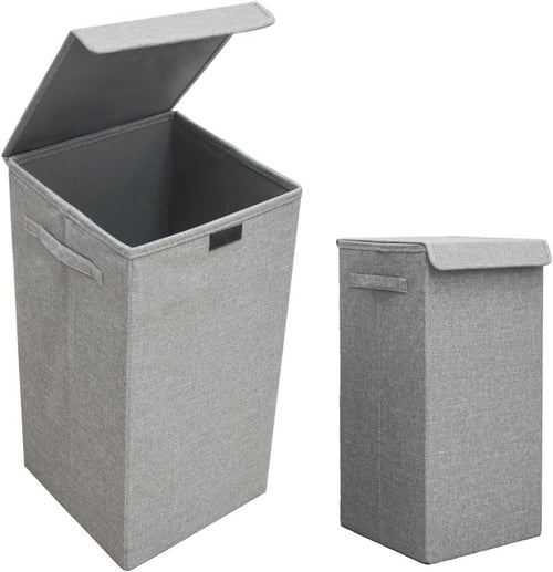 Set of 2 Grey Laundry Hampers with Lids 30×30×60cm Foldable Large Washing Bins