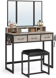 Vanity Dressing Table Set w/ 3-Fold Mirror Stool Drawers Greige Black