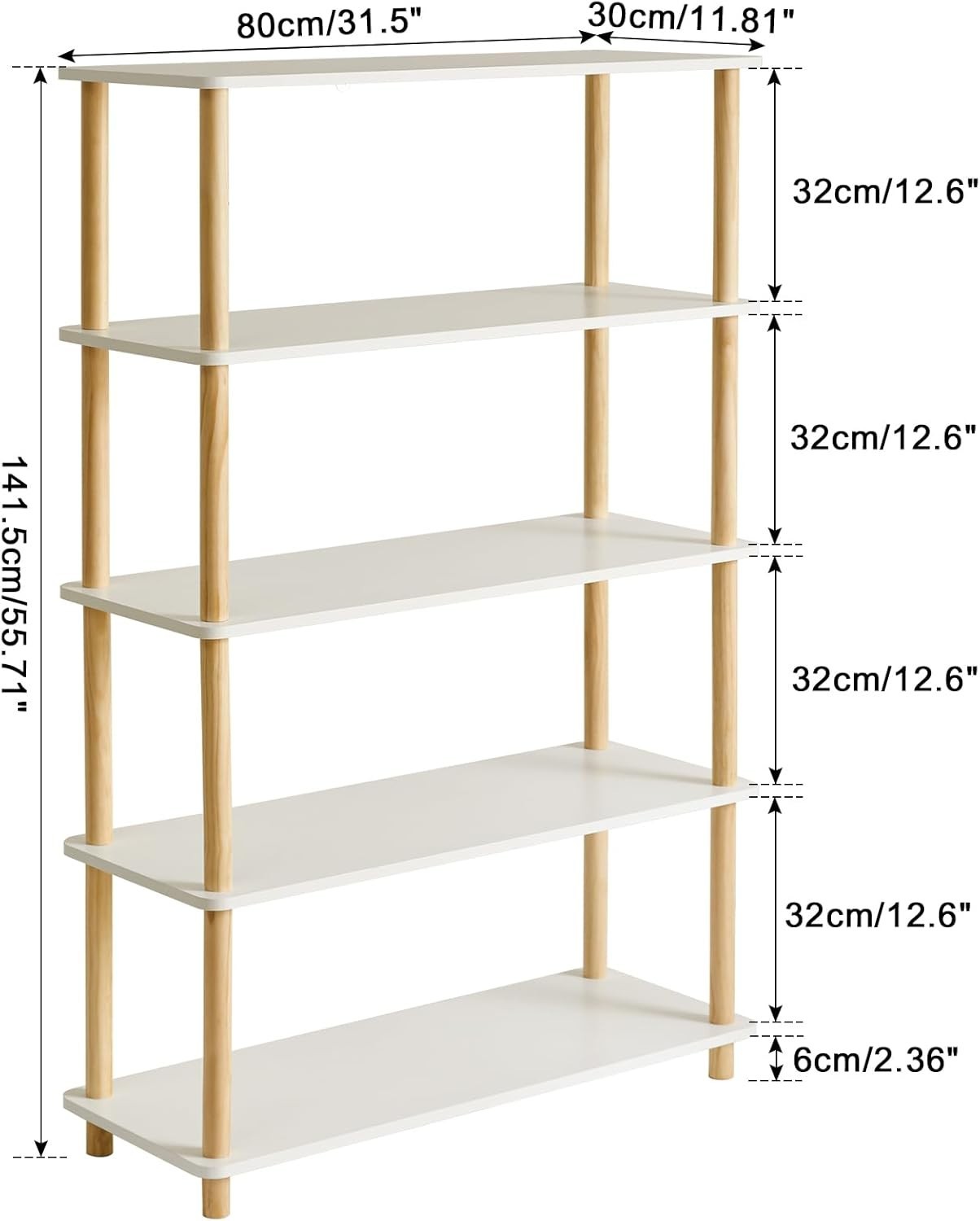 5 Tier Wooden Bookcase White Beech Legs Freestanding Storage Shelf 141cm