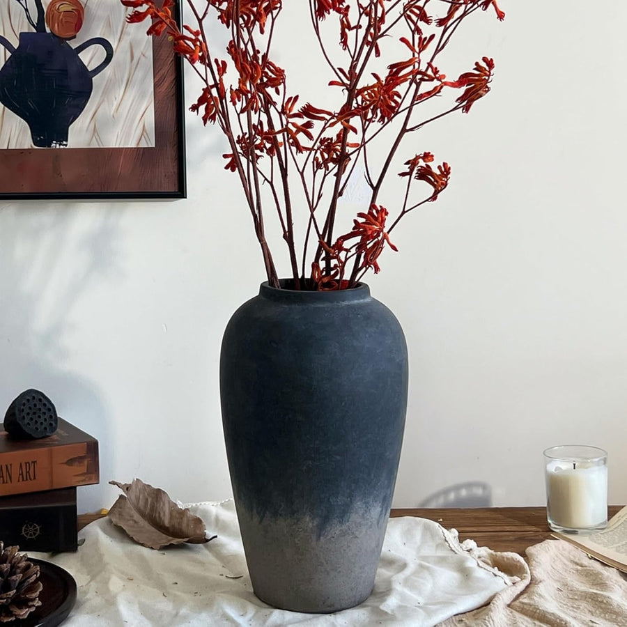 Large Black Terracotta Vase 12in Vintage Rustic Ceramic Home Decor