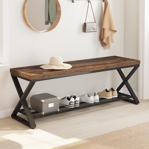 Rustic Brown Industrial Entryway Storage Bench Metal Frame Shoe Rack Seat