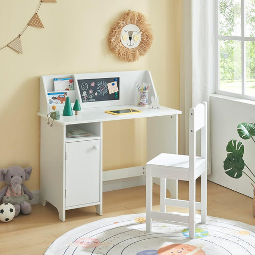 Kids Study Desk & Chair Set with Storage & Cork Board – White Writing Table