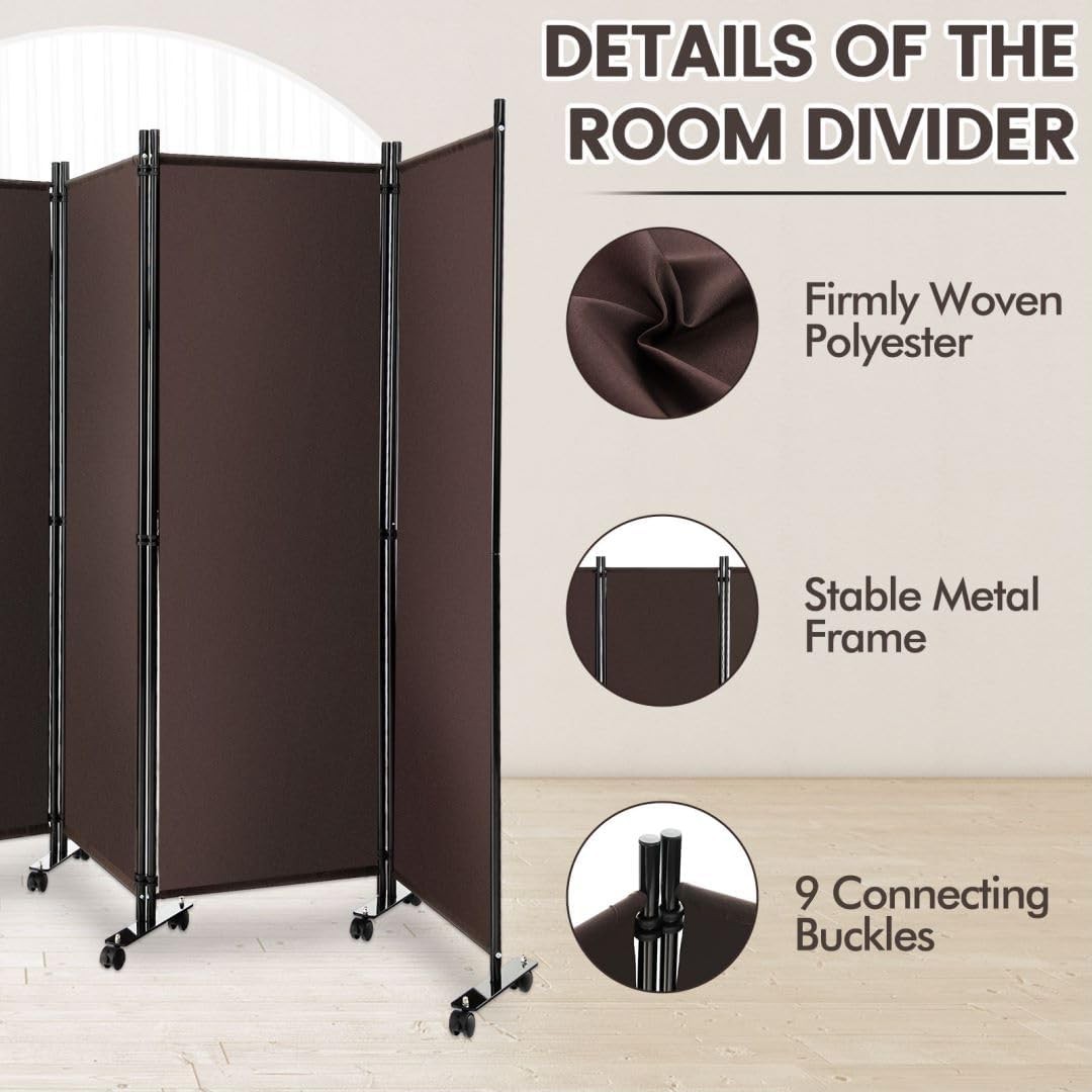 4 Panel Espresso Folding Room Divider Privacy Screen on Wheels for Home Office