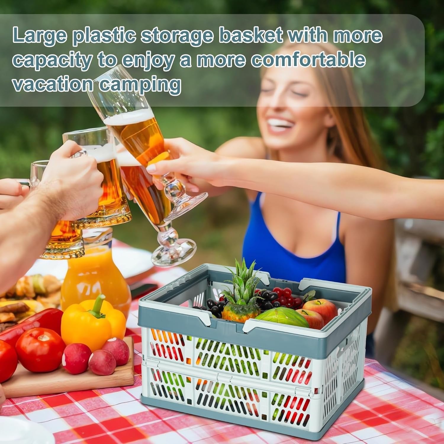 2 Pack 30L Folding Plastic Storage Crates Stackable Collapsible Blue