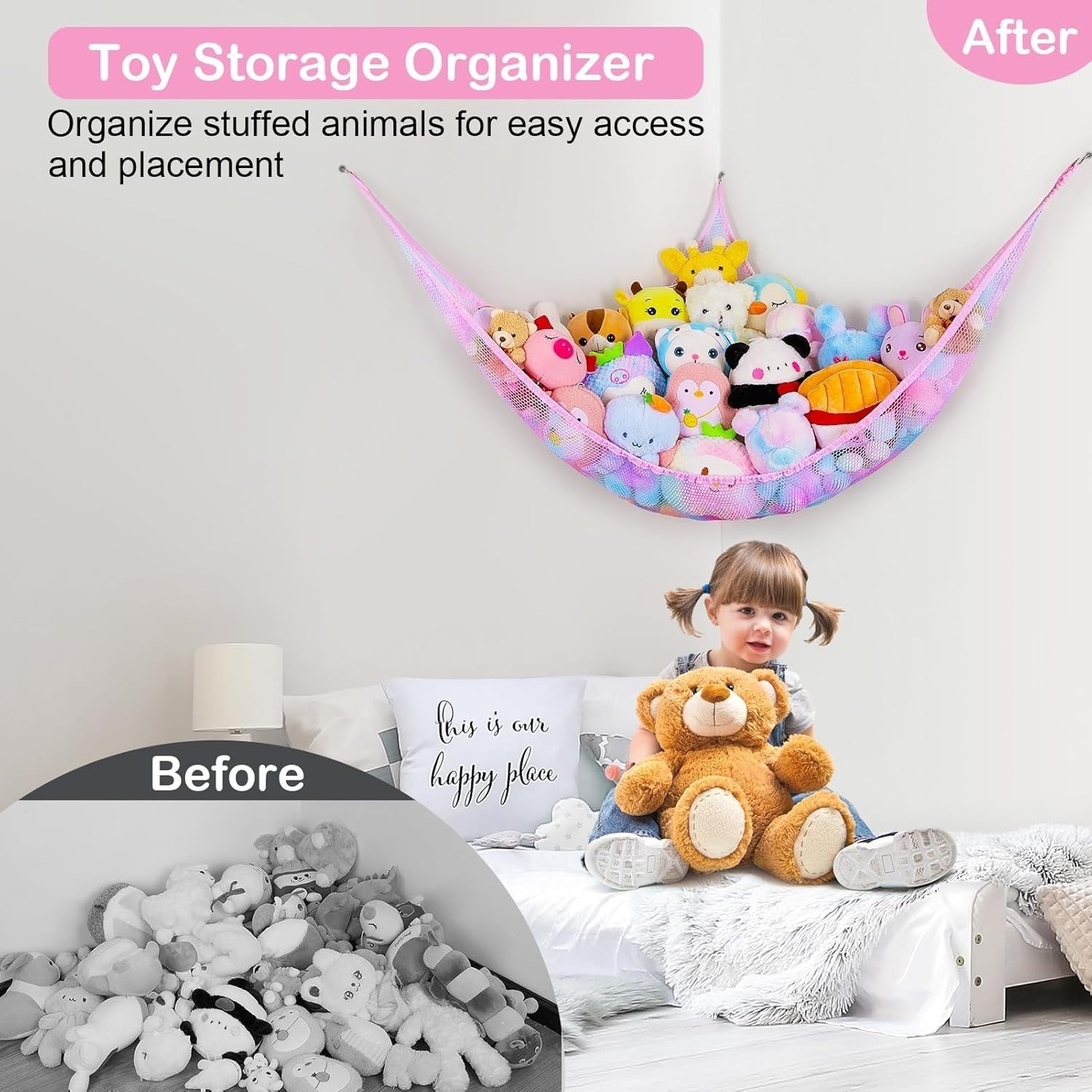 LED Toy Hammock Corner Net Storage – Kids Stuffed Animal Organizer