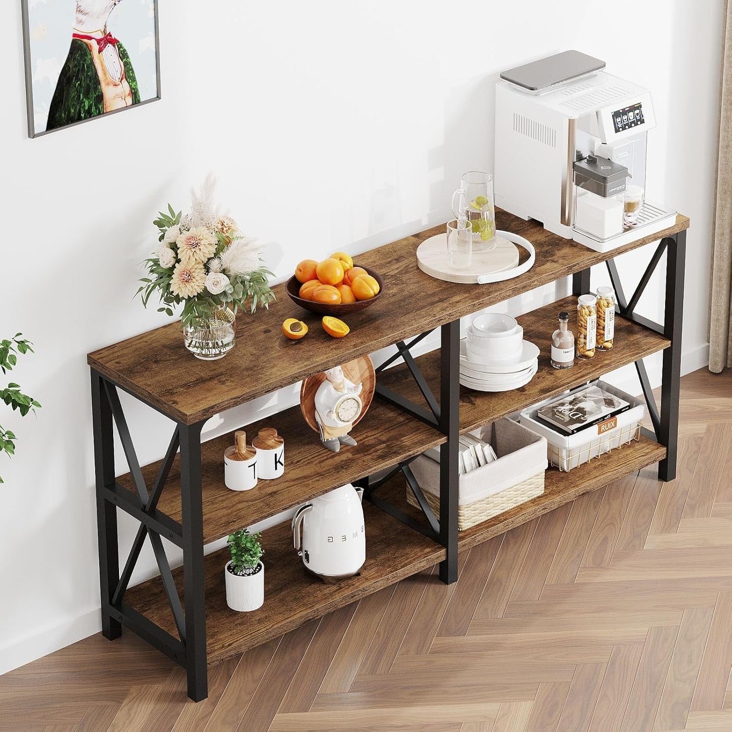 Rustic Wood Console Table Sofa Entryway Desk w/ Shelves 63" Storage