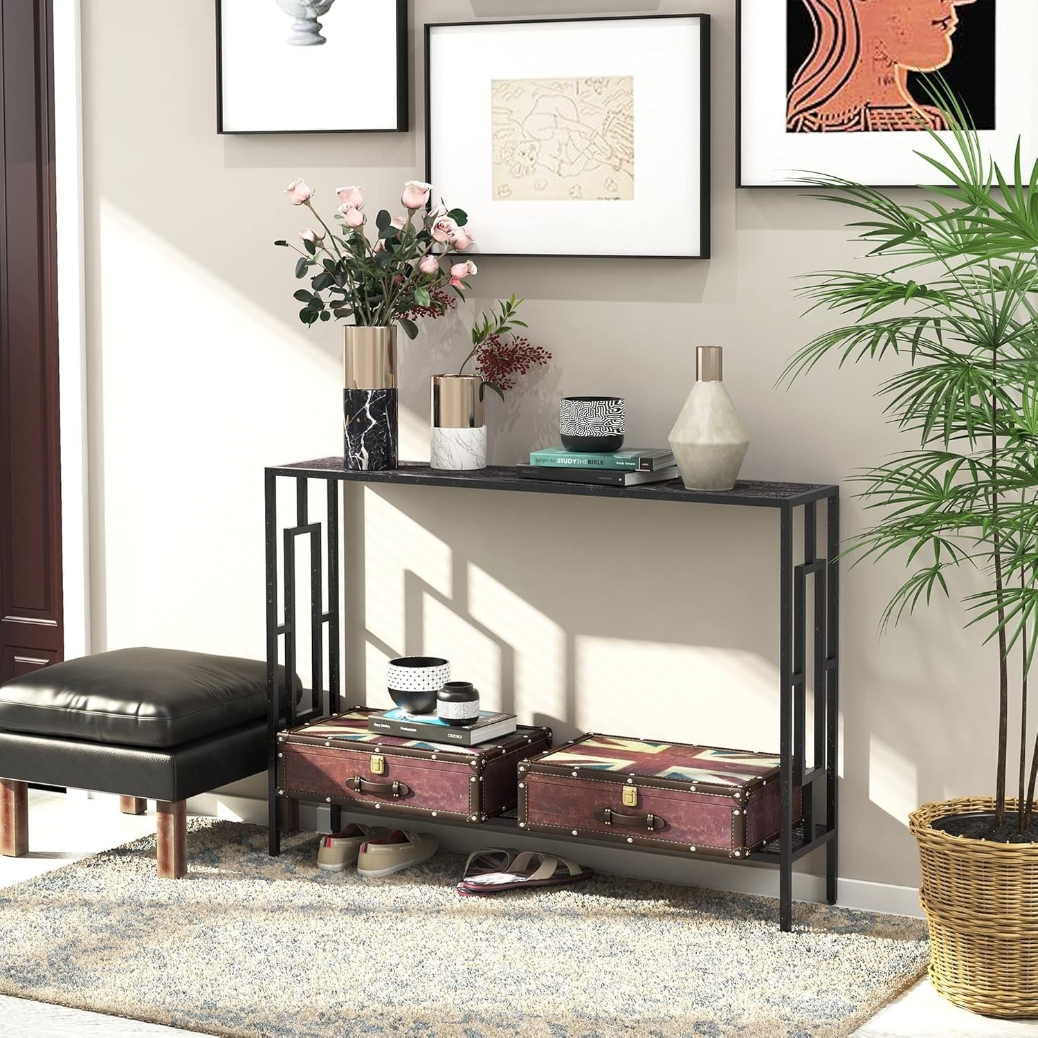 Slim Black Console Table with Metal Frame, 2 Shelves, Hallway Storage