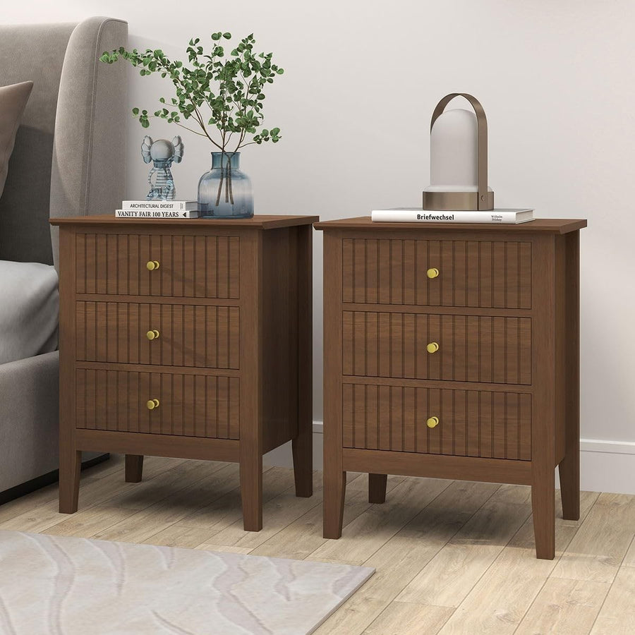 Pair of 3 Drawer Dark Wood Bedside Tables – Modern Bedroom Storage Units