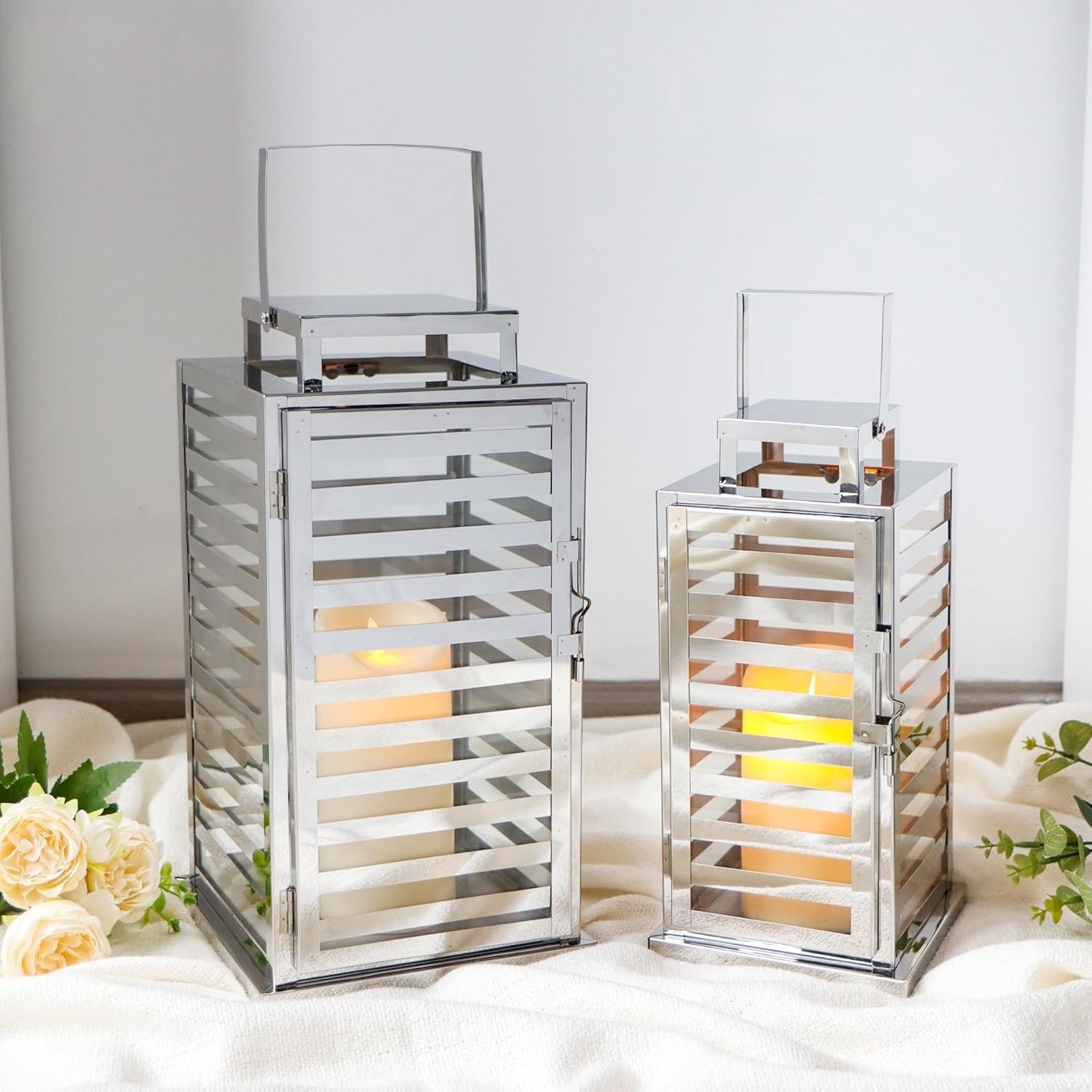 Set of 2 Silver Stainless Steel Candle Lanterns 38 cm