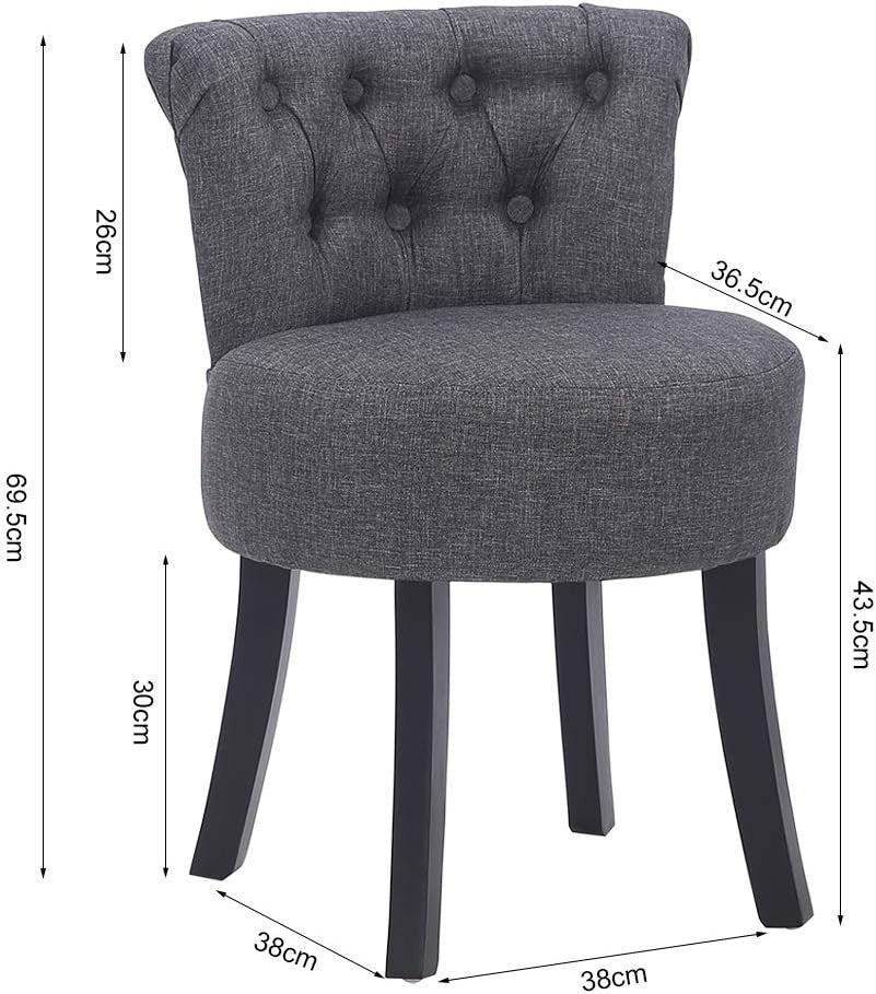 Grey High-Back Dressing Table Chair – Linen Vanity Stool with Wooden Legs