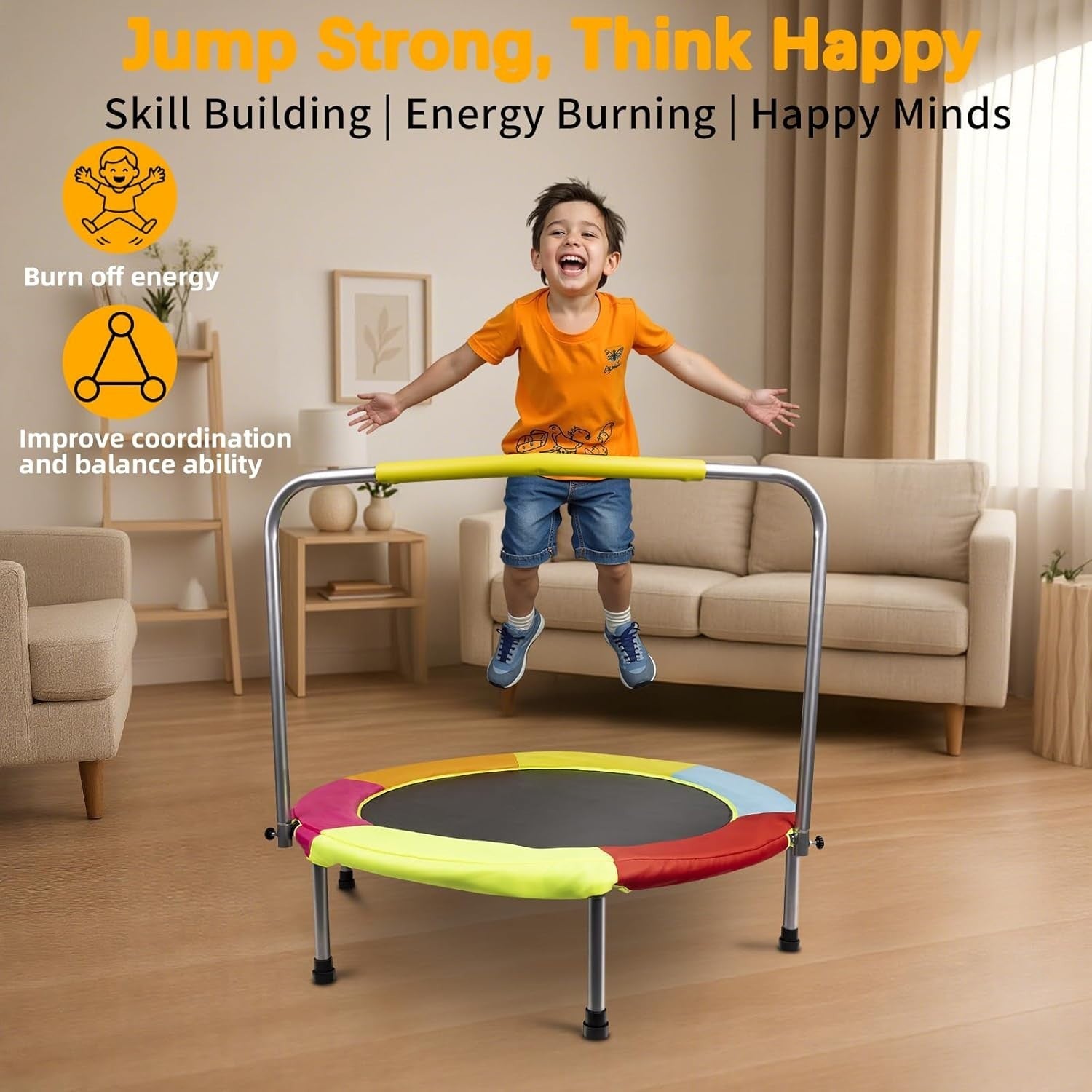 37 Inch Foldable Kids Trampoline Indoor Outdoor Toddler Bounce Handle