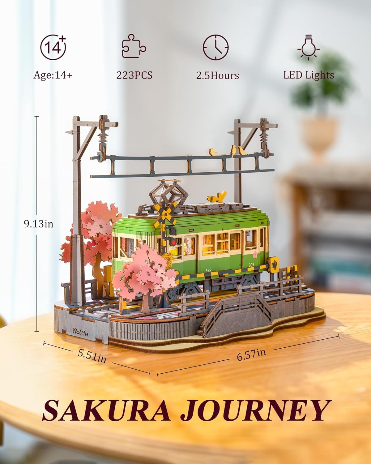 3D Wooden Sakura Puzzle with LED Lights - Romantic Model Kit Decor