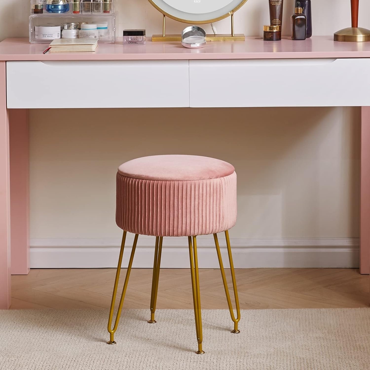Pink Velvet Storage Footrest Ottoman – Golden Leg Vanity Stool Side Table