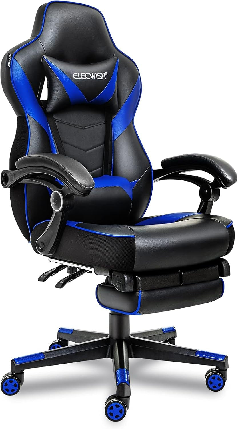 Racing Gaming Chair w/ Footrest Reclining PU Leather Black Blue
