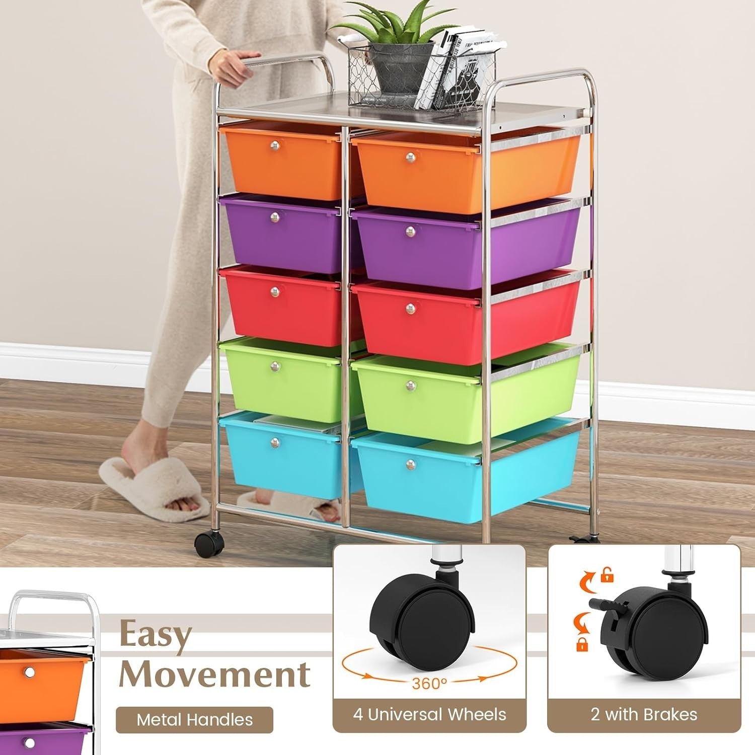 10 Drawer Multicolor Storage Cart Rolling Utility Organizer with Wheels