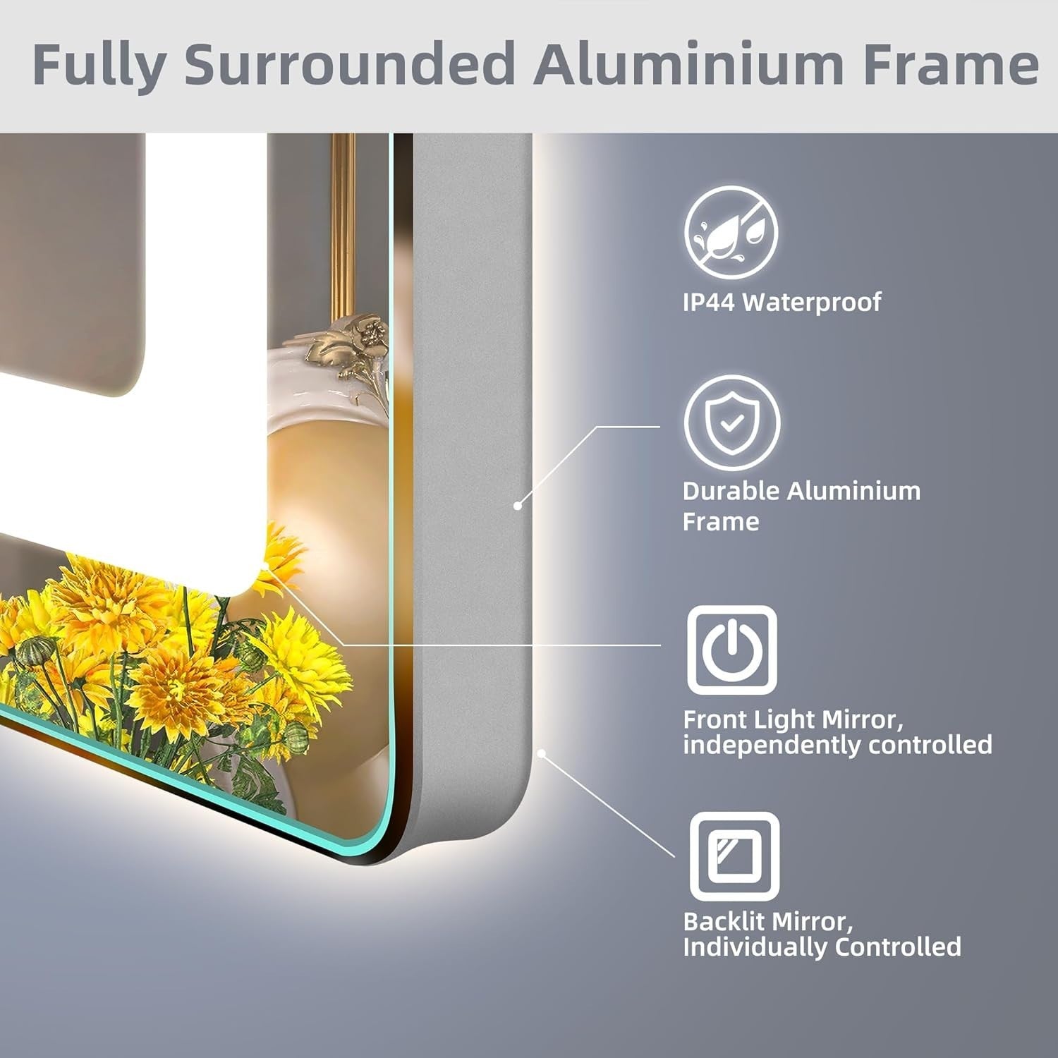 LED Bathroom Mirror 60x80 cm Silver Frame, Dual Light, Anti-Fog, Dimmable