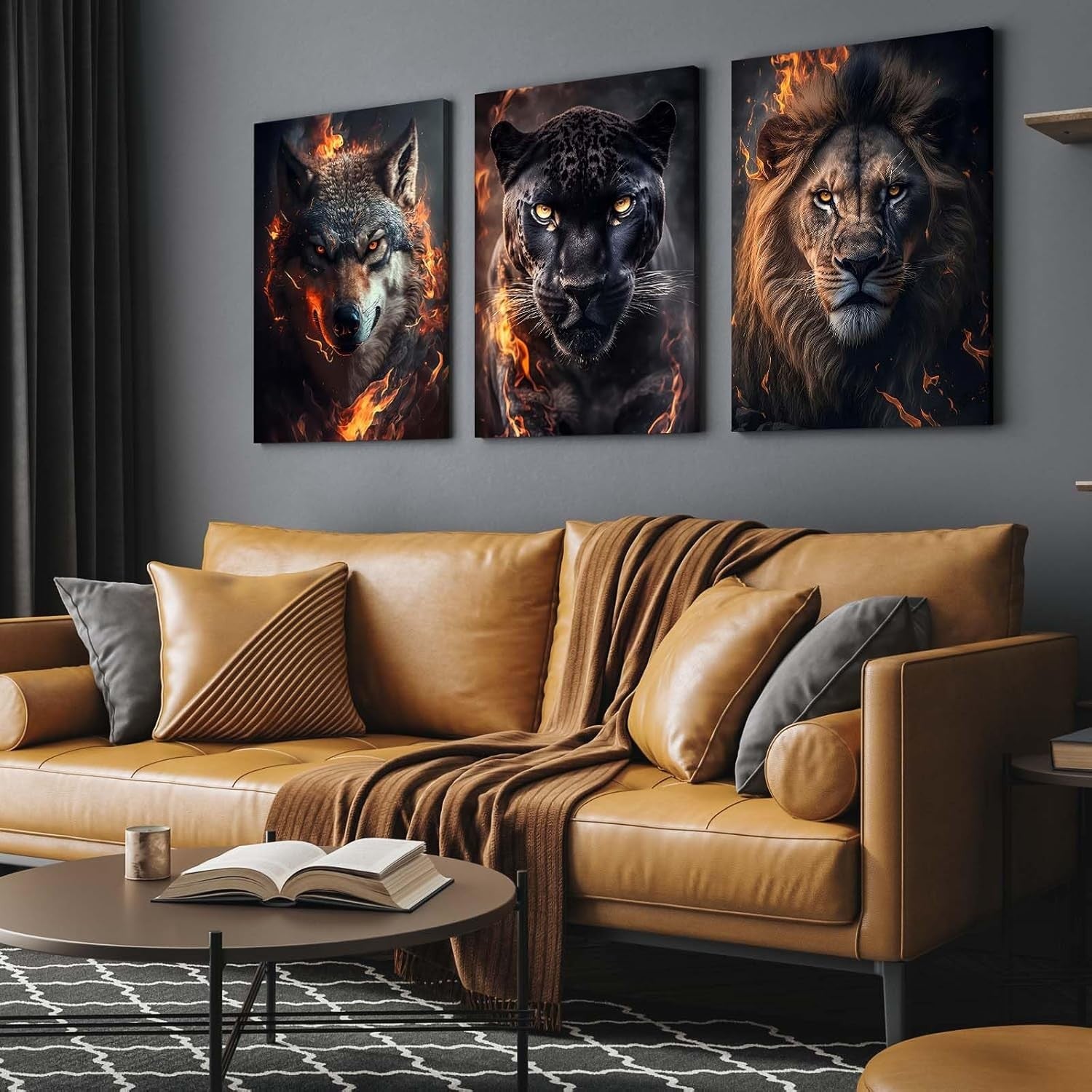 Set of 3 Animal Fire Canvas Wall Art 12x16 Framed Wolf Lion Panther Decor