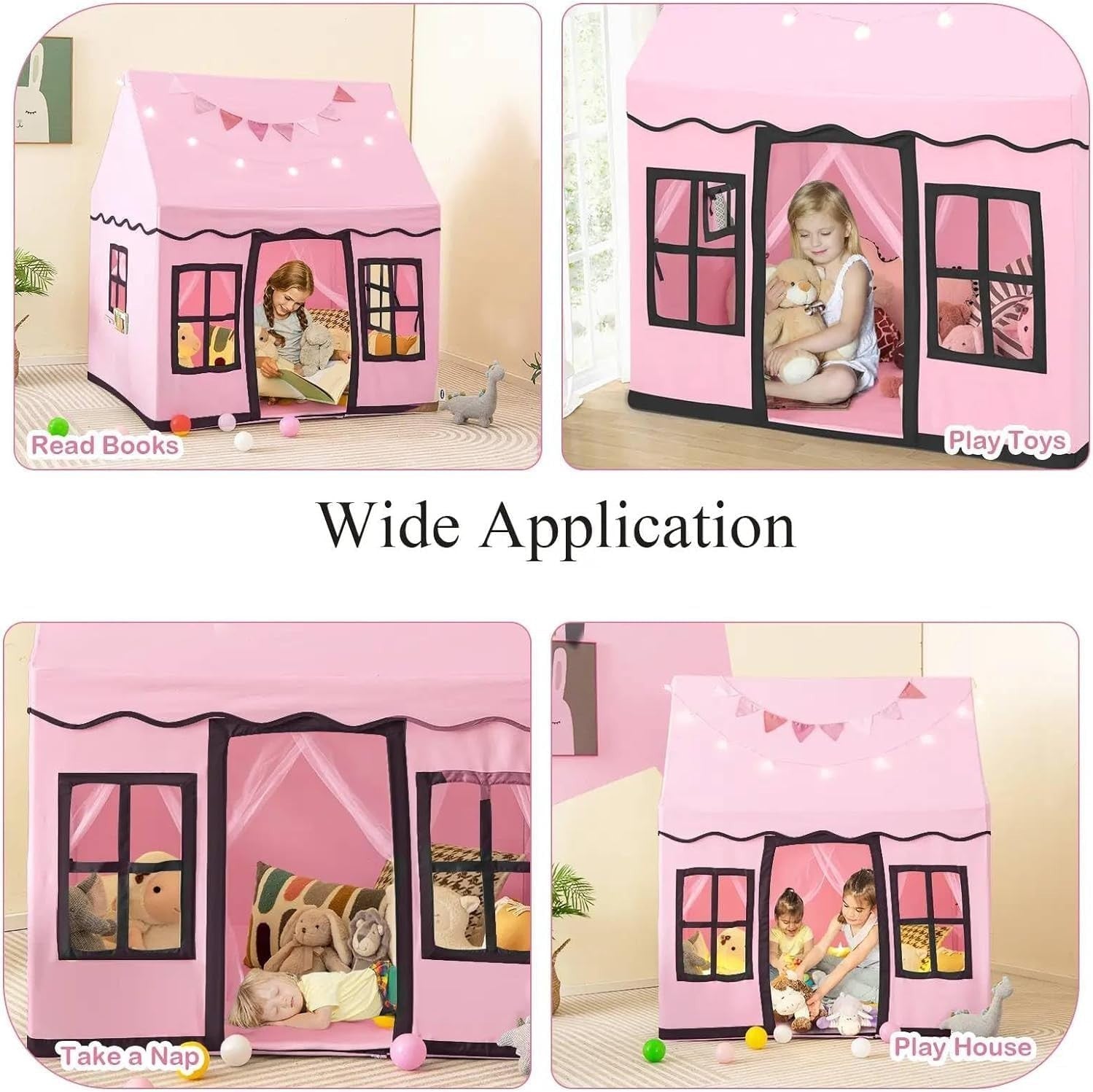 Pink Kids Castle Play Tent Indoor Outdoor w Non Slip Mat Lights