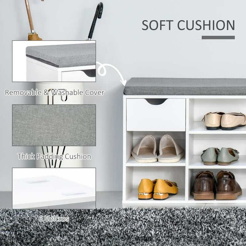 White Shoe Bench Seat with Drawer & 7 Adjustable Storage Compartments