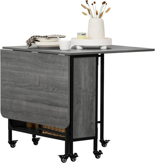 Foldable Drop Leaf Dining Table on Wheels Grey Space-Saving Kitchen Desk