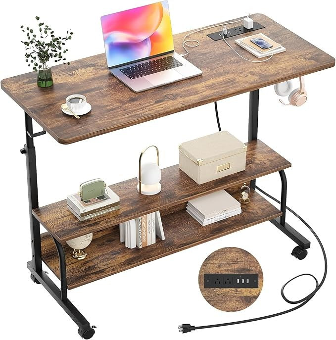 Rolling Standing Desk Adjustable Height Power USB C-Shaped Mobile Table