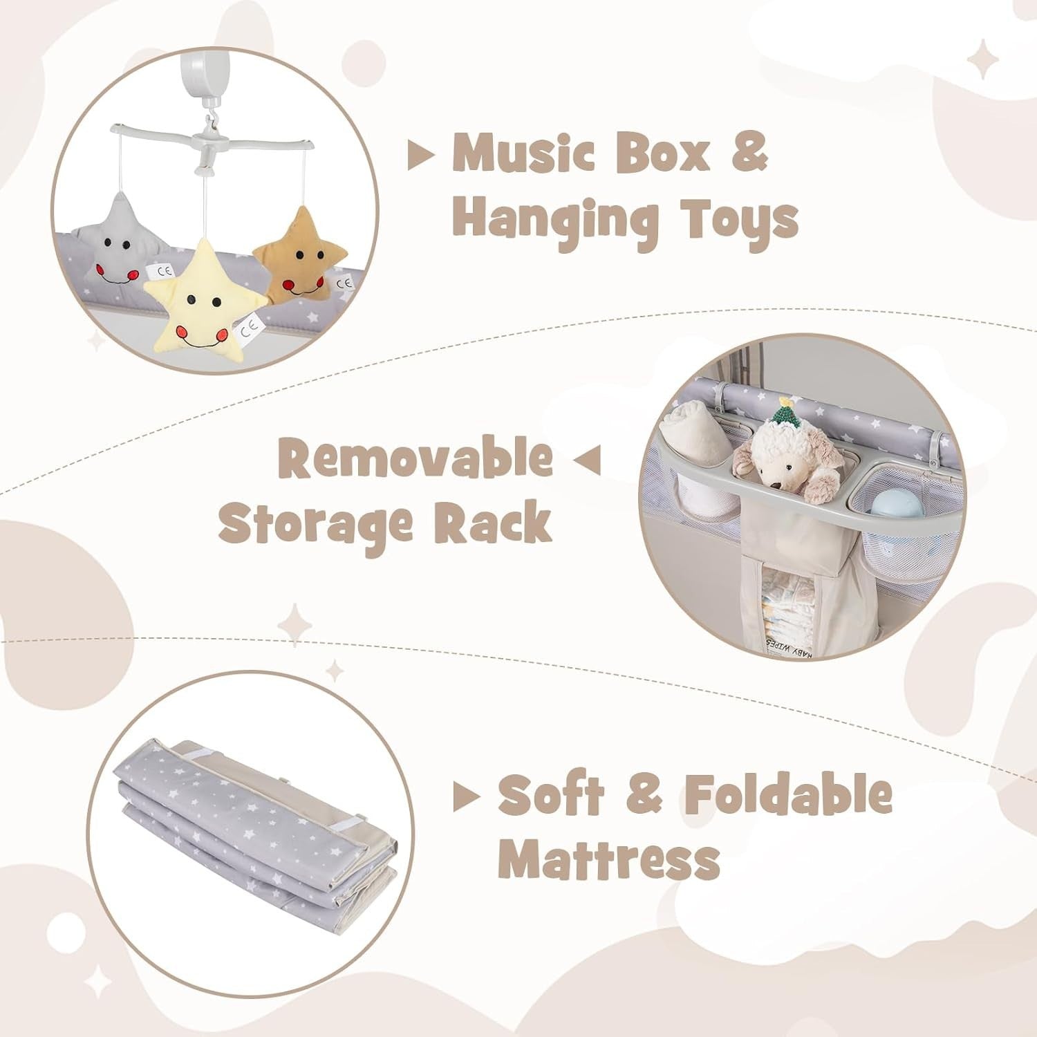 5in1 Baby Travel Cot Bedside Crib Bassinet w/ Mattress Changer Music Toys Beige
