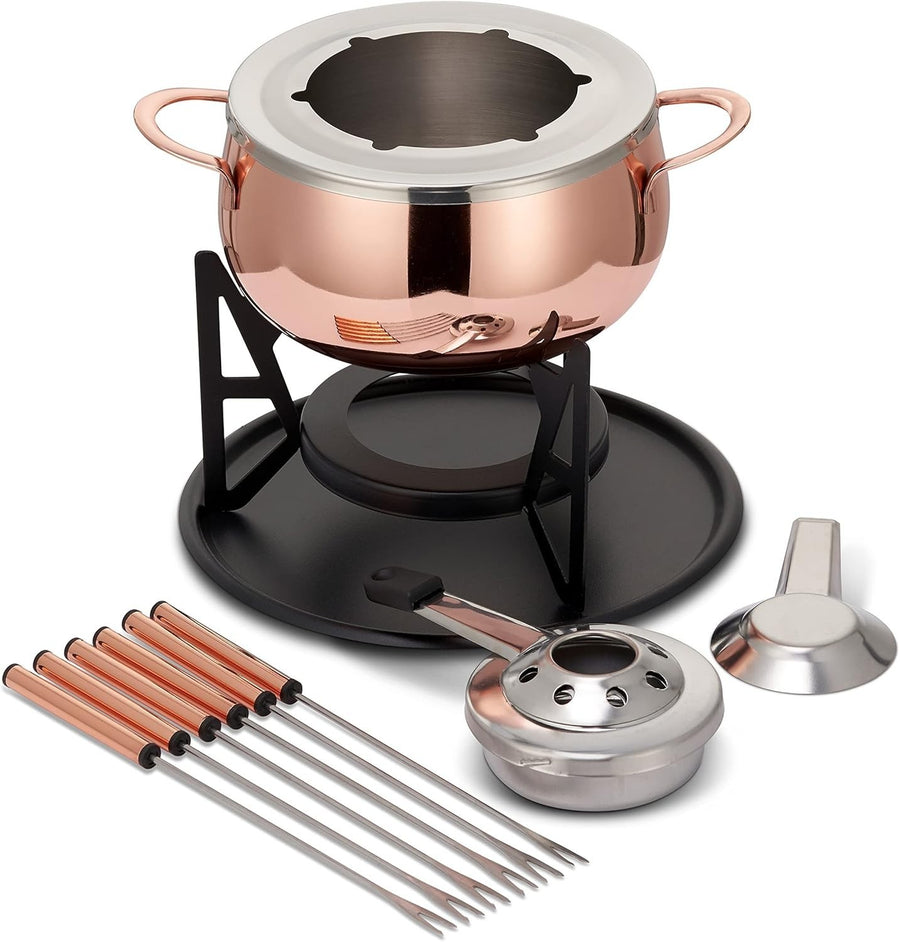 Rose Gold Stainless Steel Fondue Set Cheese Chocolate Pot 6 Person
