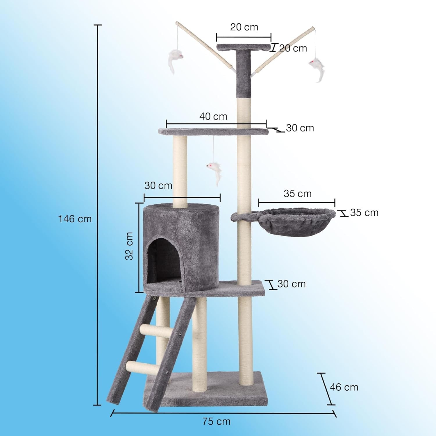 Cat Tree 146cm Multi Level Tower With Scratching Posts Condo & Hammock Grey