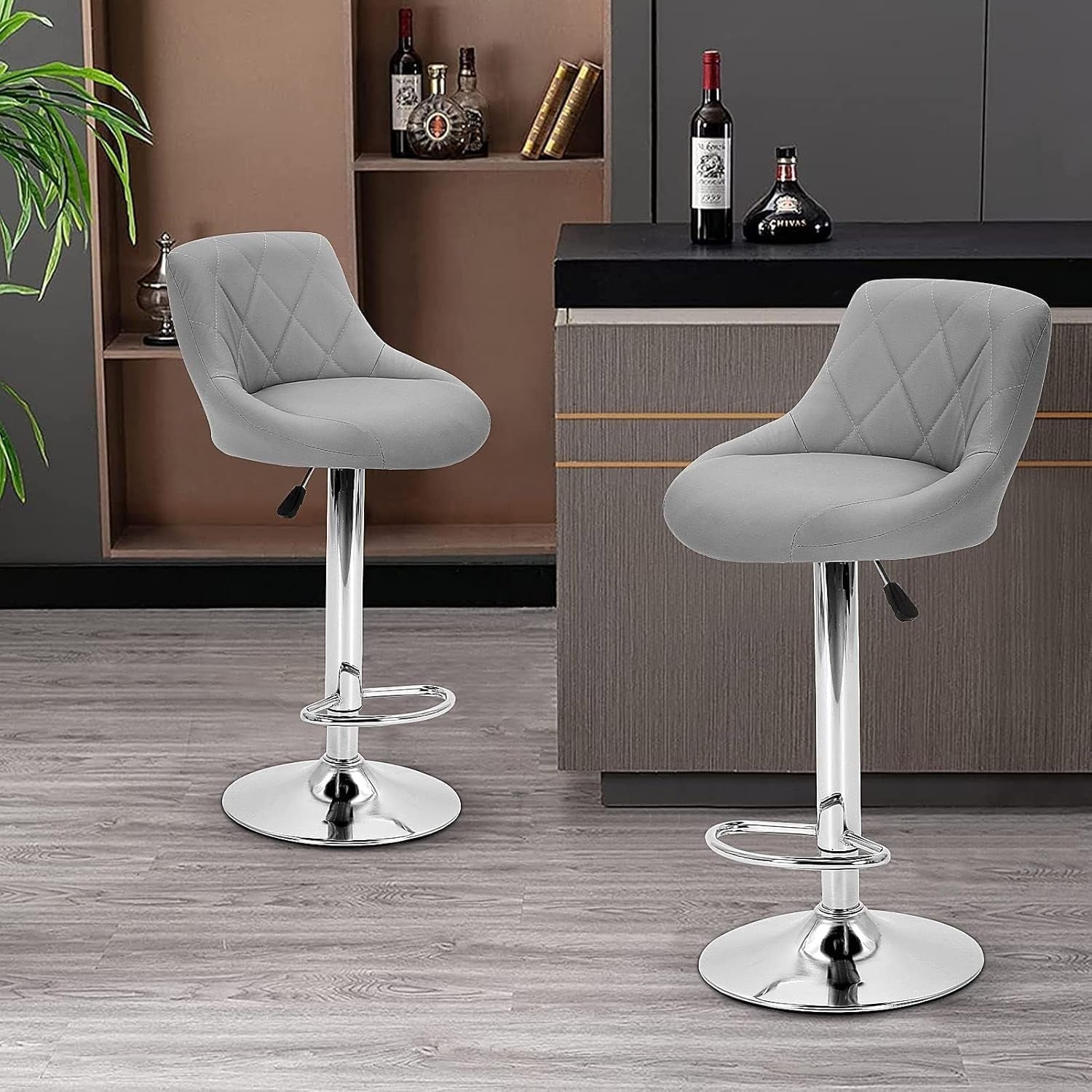 Set of 2 Adjustable Swivel Bar Stools – Light Grey L-Shape