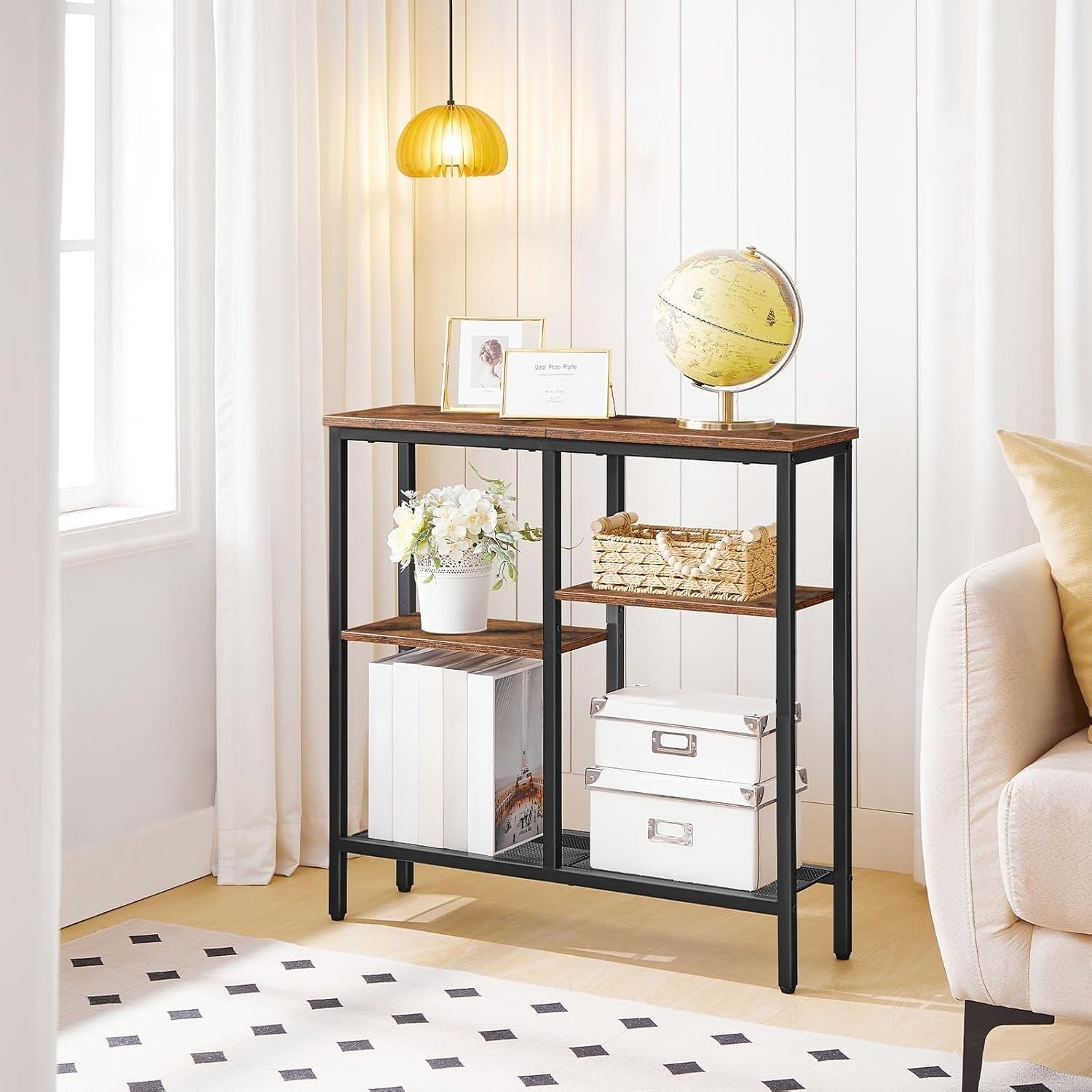 Slim Console Table with 4-Tier Storage Shelves, Industrial Style, Compact