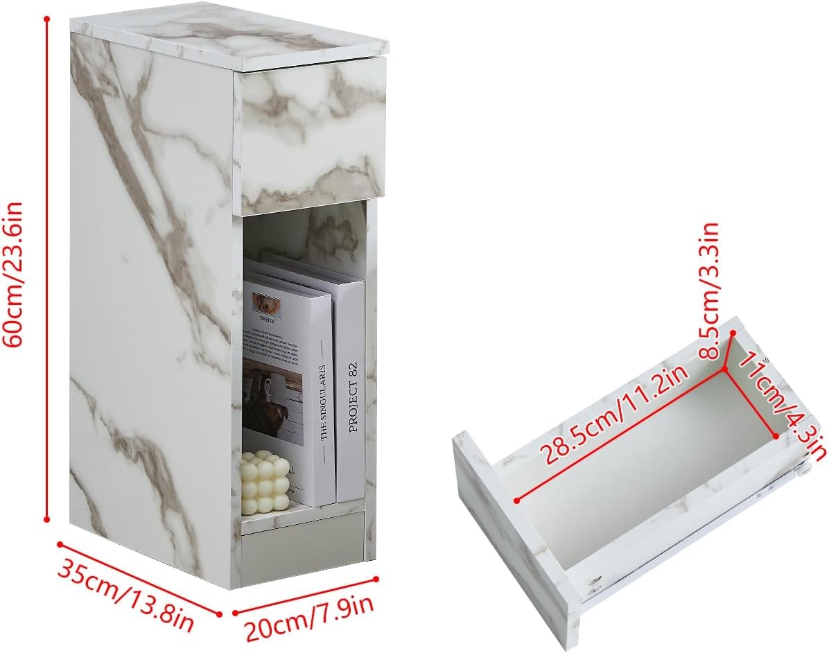 White Marble Slim Bedside Table with Drawer & Shelf, Narrow Modern Nightstand