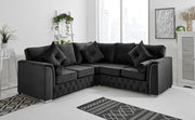 Black Plush Velvet 5-Seater Corner Sofa – Fullback & Button Detail