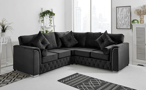 Black Plush Velvet 5-Seater Corner Sofa – Fullback & Button Detail