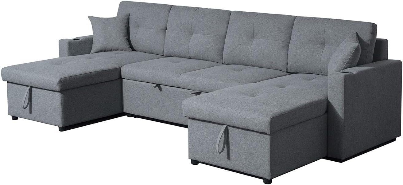 Grey Fabric U-Shaped 4 Seater Sofa Bed with Storage Ottoman & Pull-Out