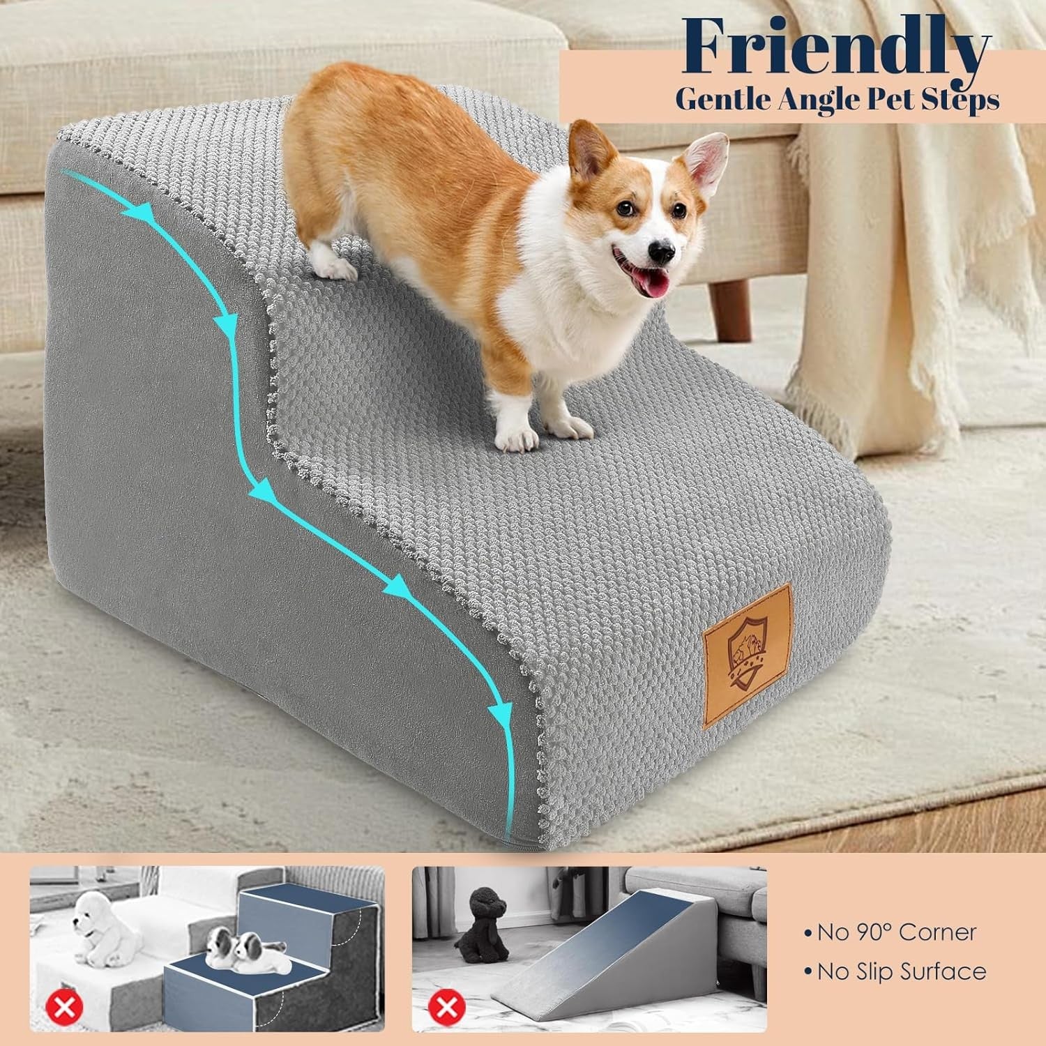 Grey 2 Step Dog Stairs 30D Foam Non Slip Pet Ramp 40x40x30cm