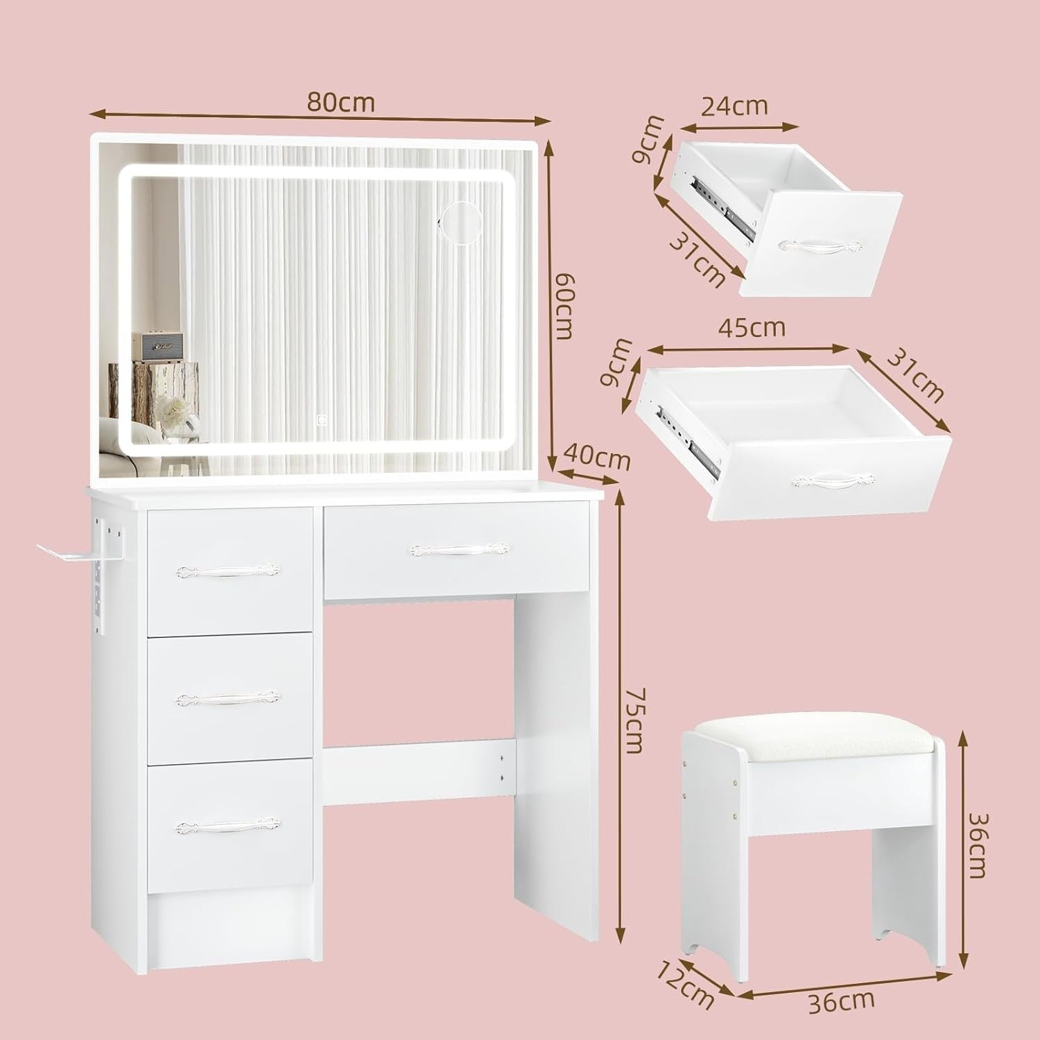 White LED Dressing Table Set w/10 Lights Mirror 5 Drawers Corner Vanity Desk