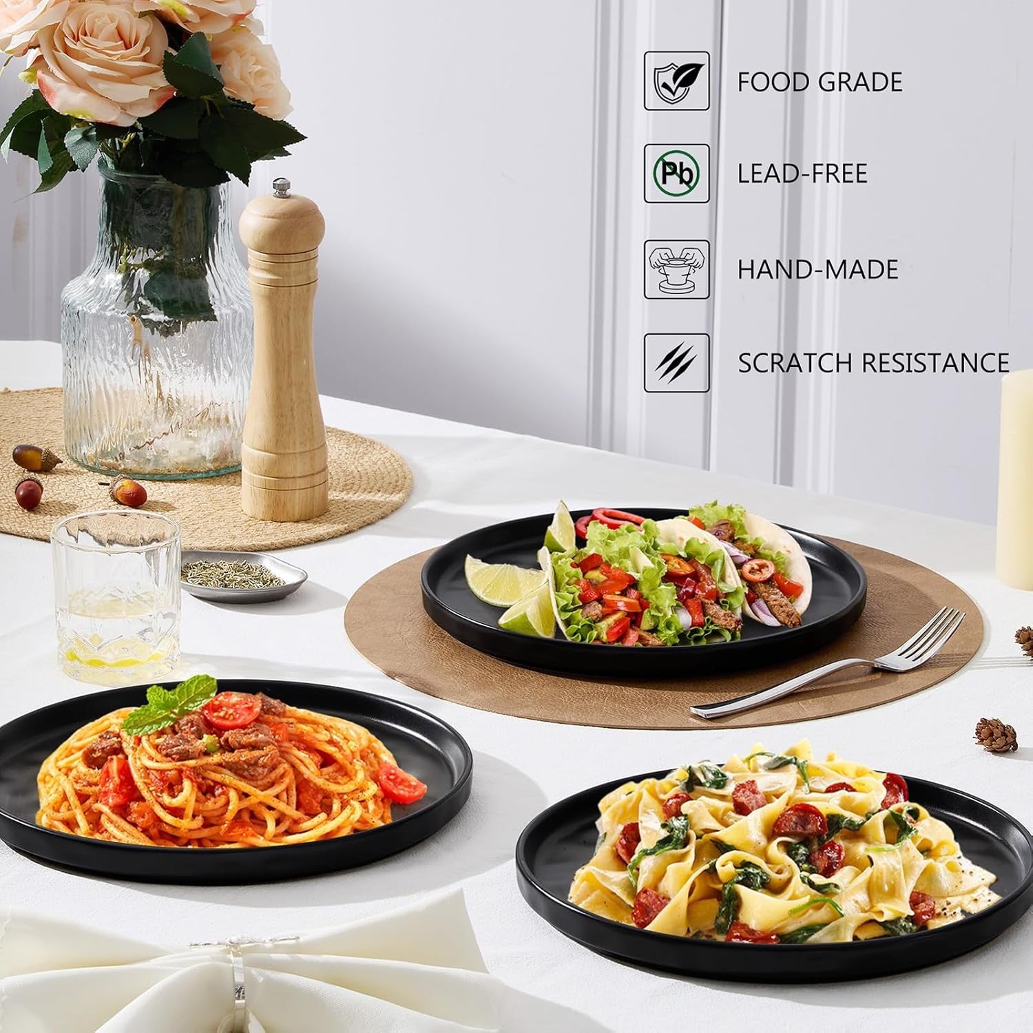 7.9in Ceramic Dessert Plates Set of 6 Matte Black Microwave Dishwasher Safe
