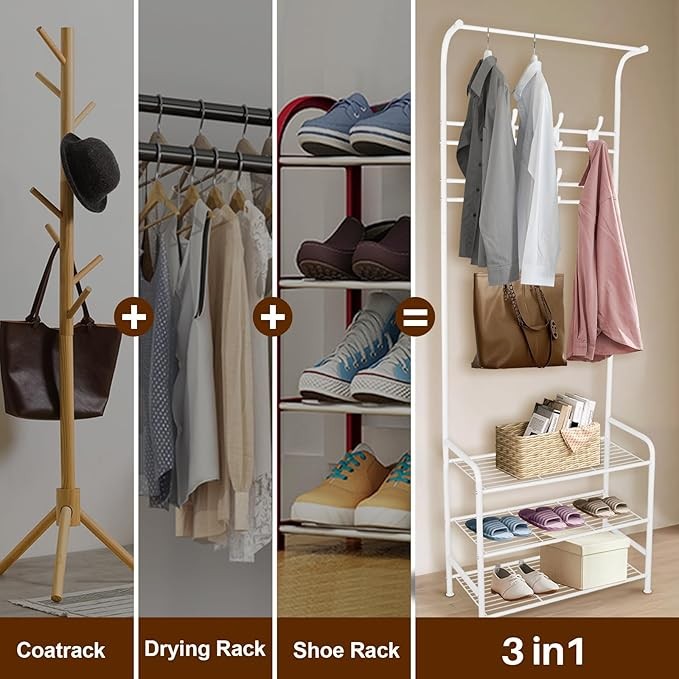 Freestanding Coat Rack with Shoe Shelf & 16 Hooks | White Metal Hall Tree