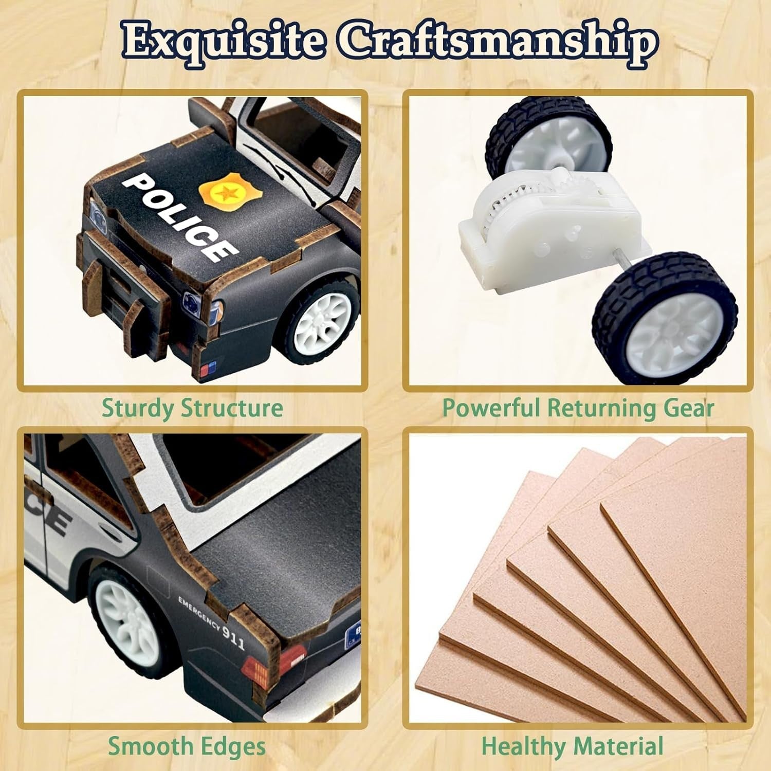 3D Wooden Police Car Puzzle for Kids 6-12 - Educational DIY Model Toy