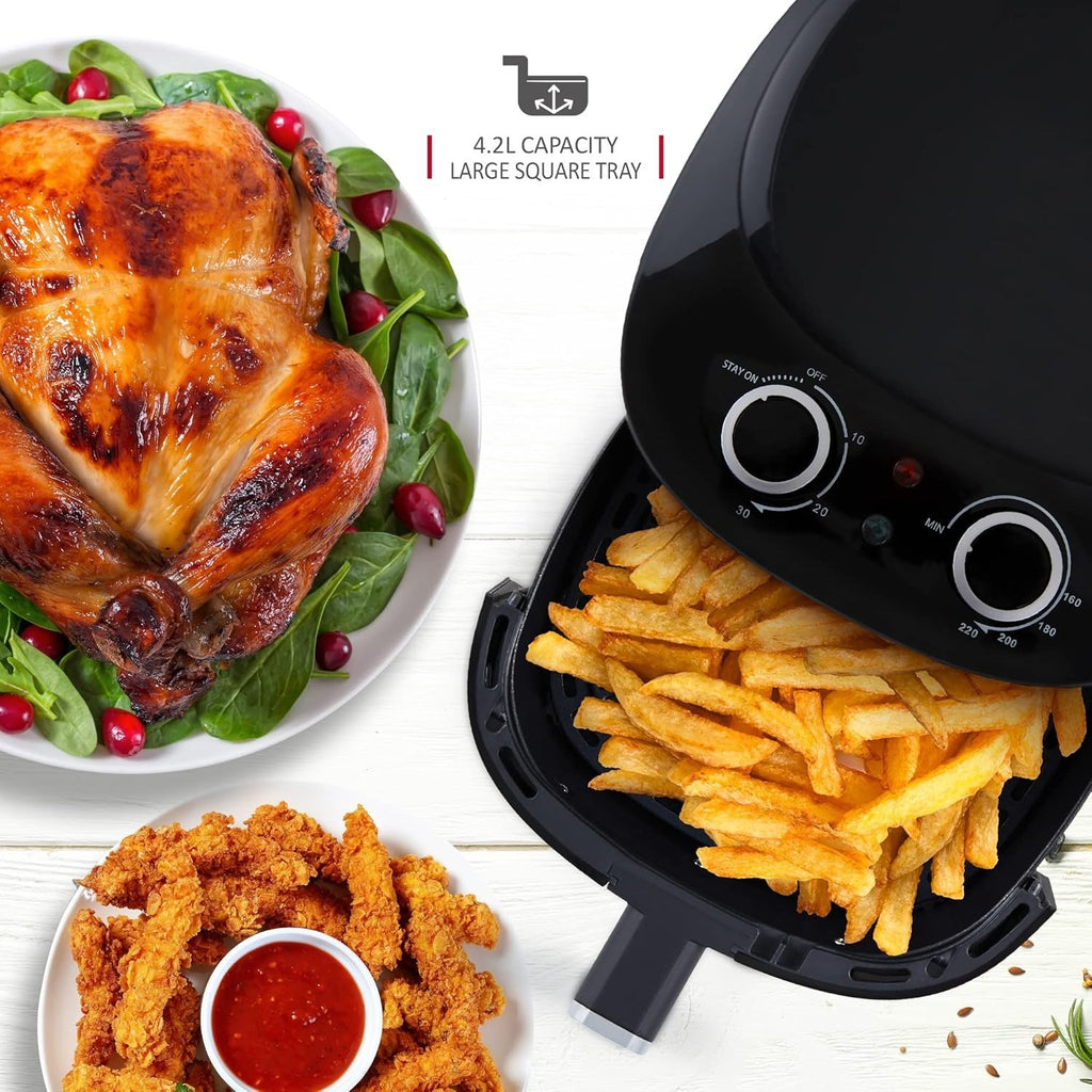 4.2L Air Fryer 220°C Manual Temp Control 30min Timer Oil Free 1300W Black