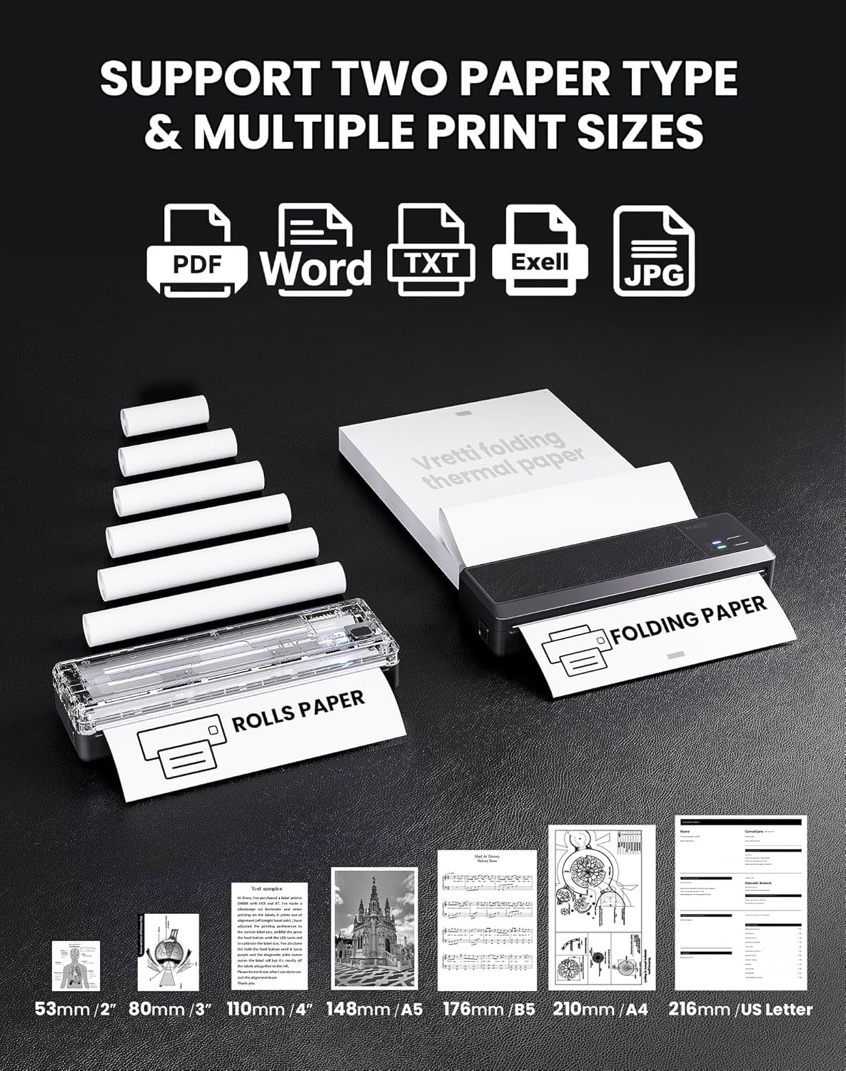 Portable A4 Thermal Printer Bluetooth Inkless Wireless