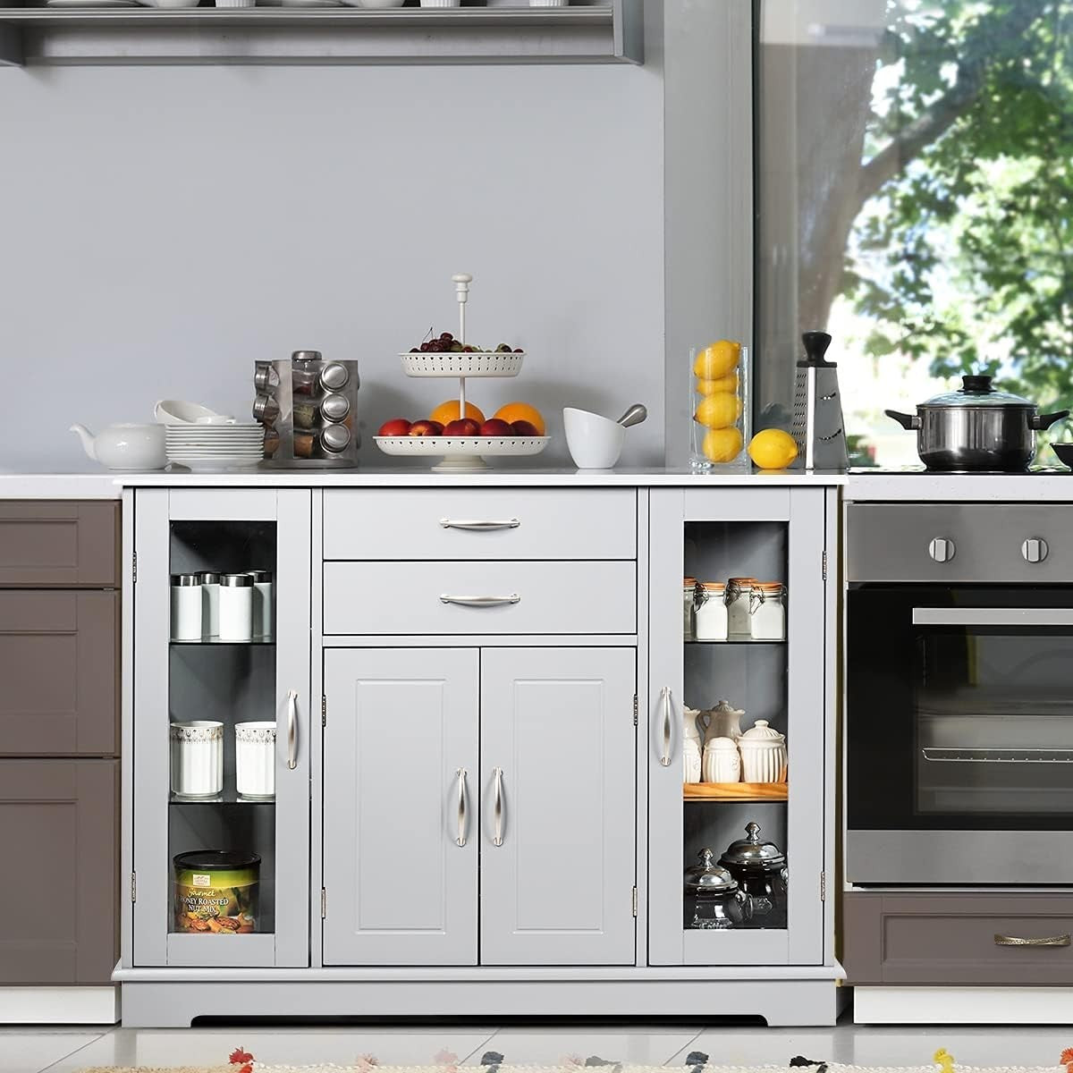 Grey Sideboard Buffet Cabinet Glass Doors Storage Unit with Drawers