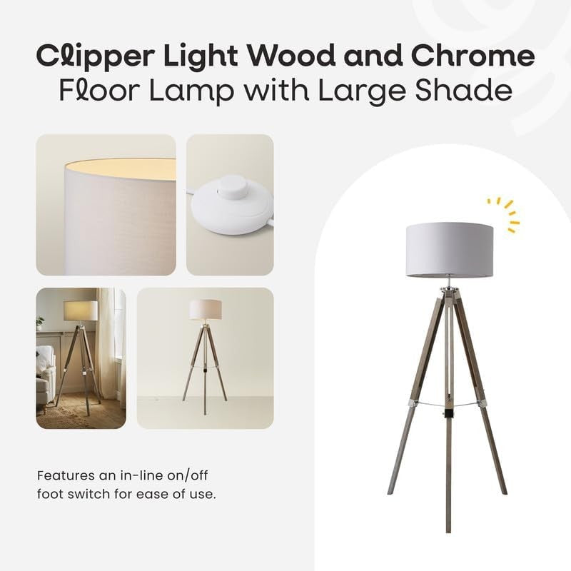 Wood Tripod Floor Lamp Beige Drum Shade Chrome Legs Modern Standing Light