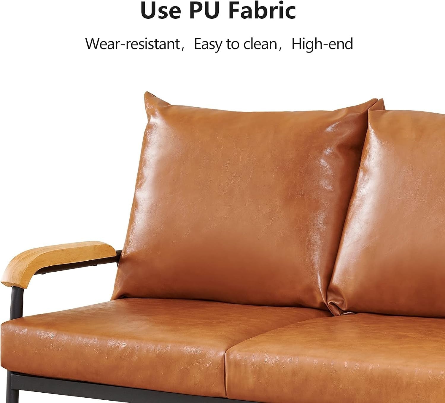 3 Seater Faux Leather Sofa Bed – Metal Frame, Wood Arms, Modern Style
