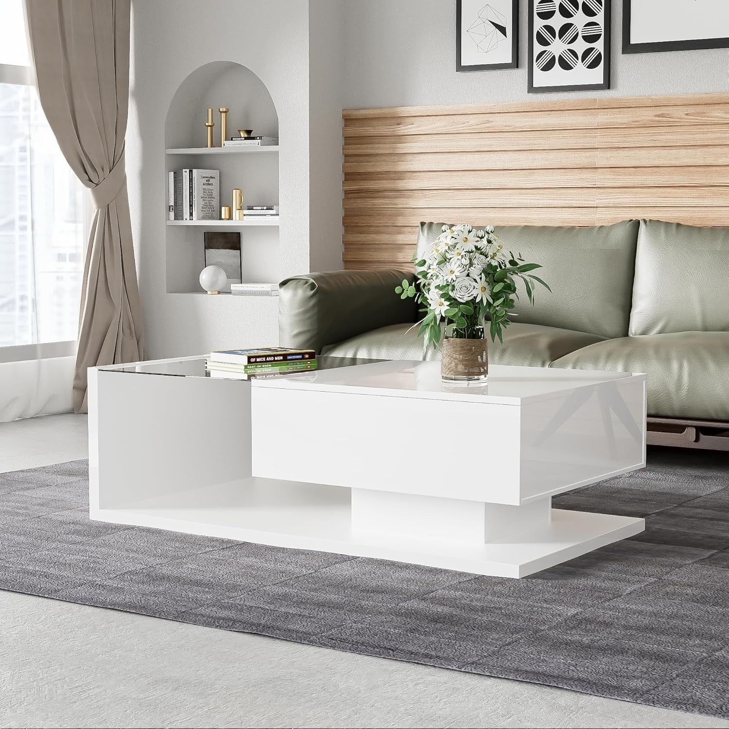 LED Coffee Table with Storage Compartment & 16-Color Lights, 105x55x32.5cm
